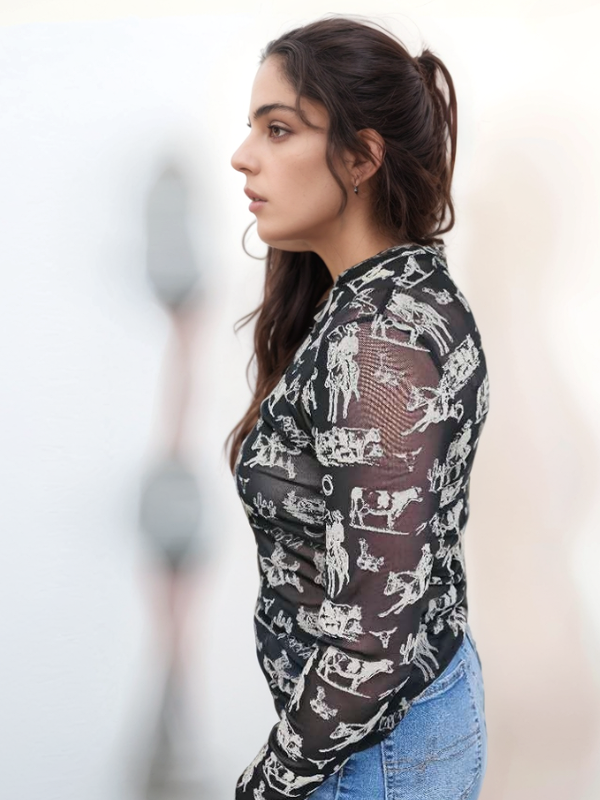 Merigold Kiss Long Sleeve Western Scene Mesh Top