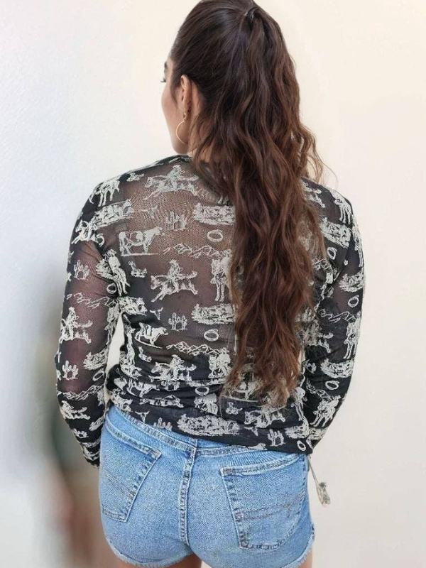 Merigold Kiss Long Sleeve Western Scene Mesh Top
