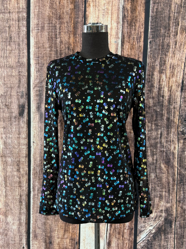 Merigold Kiss 3D Printed Colorful Bow Mesh Top