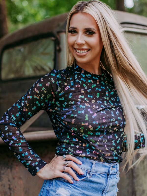 Merigold Kiss 3D Printed Colorful Bow Mesh Top