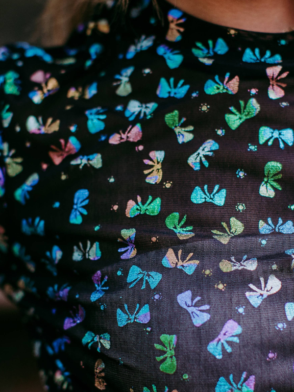 Merigold Kiss 3D Printed Colorful Bow Mesh Top