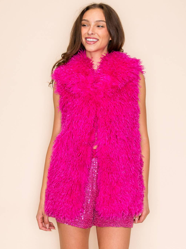 W.A.Y. --Wonderful And Young Mongolian Lamb Faux Fur Lapel Vest Hot Pink