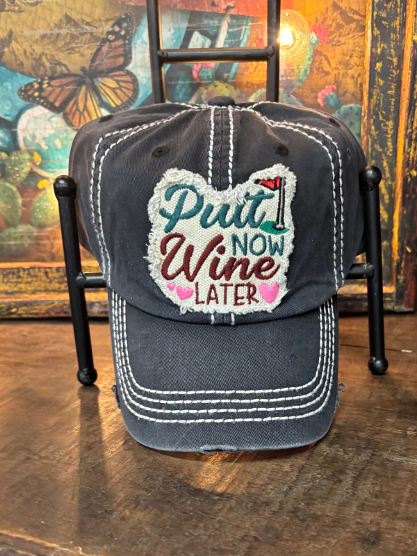 Putt Now Wine Later Washed Vintage Baseball Cap Black
