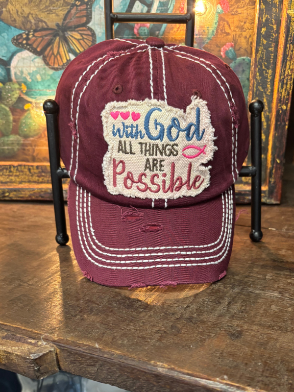 With God All Things Are Possible Vintage Baseball Cap Wine Red