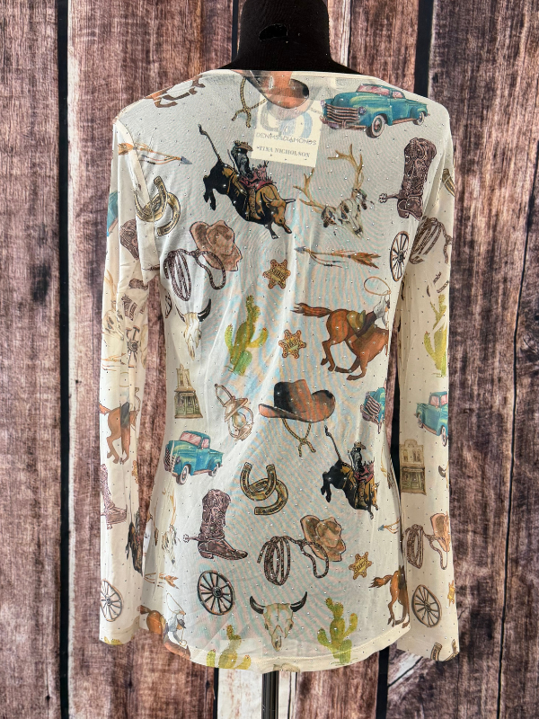 Origami Sparkly Long Sleeve Sheer Mesh Top