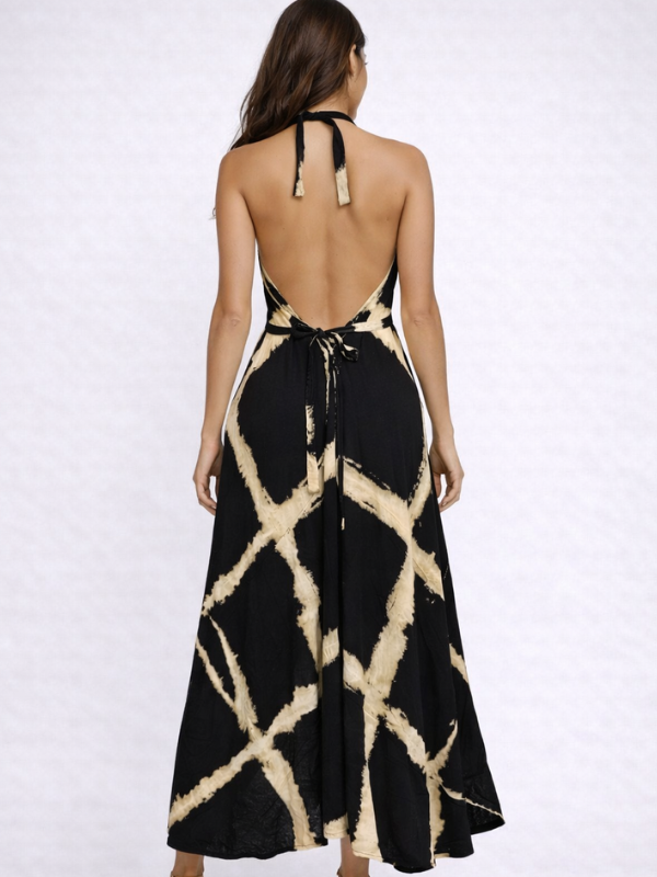Tie-Dye Halter Open Back Maxi Dress One Size