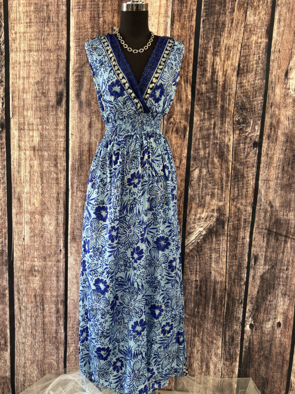 Long Tie Back Boho Dress Blue