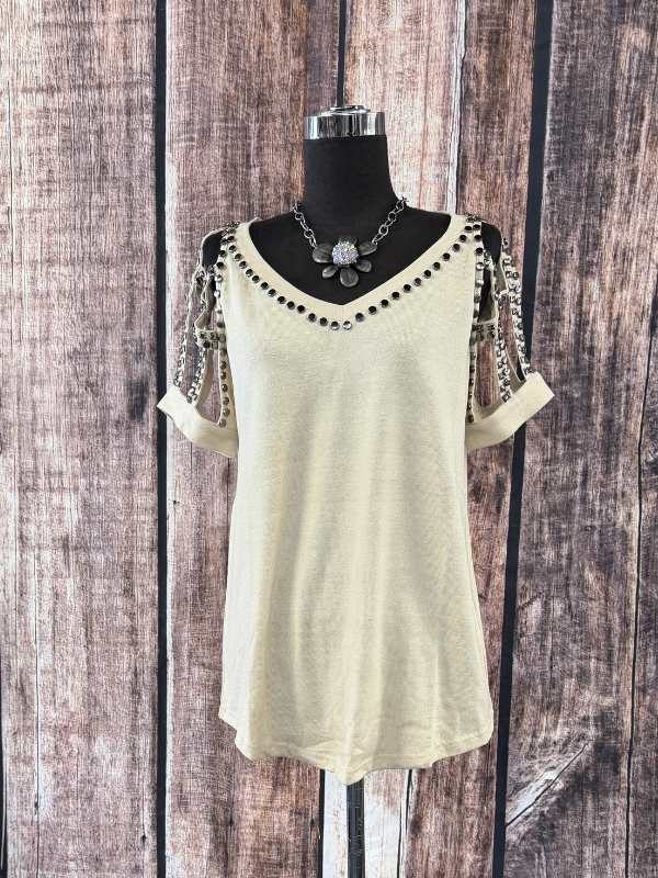 Vocal Embellished Stud Strap T Shirt Taupe