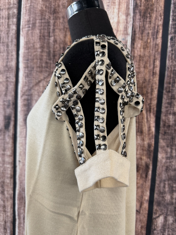 Vocal Embellished Stud Strap T Shirt Taupe