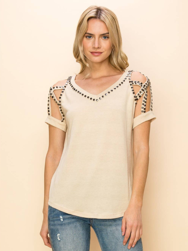 Vocal Embellished Stud Strap T Shirt Taupe