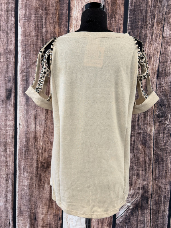 Vocal Embellished Stud Strap T Shirt Taupe