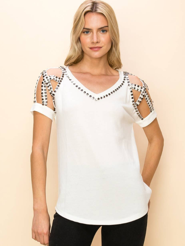 Vocal Embellished Stud Strap T Shirt White