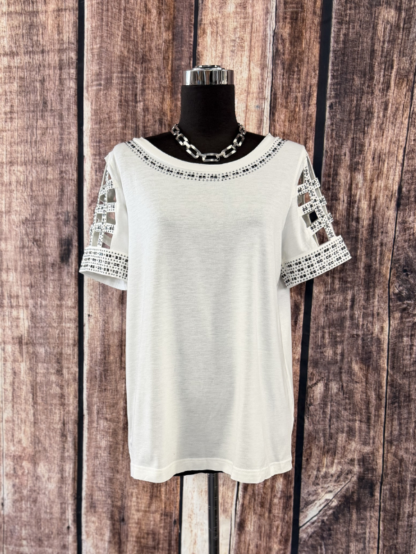 Vocal Embellished Stud Strap T Shirt White
