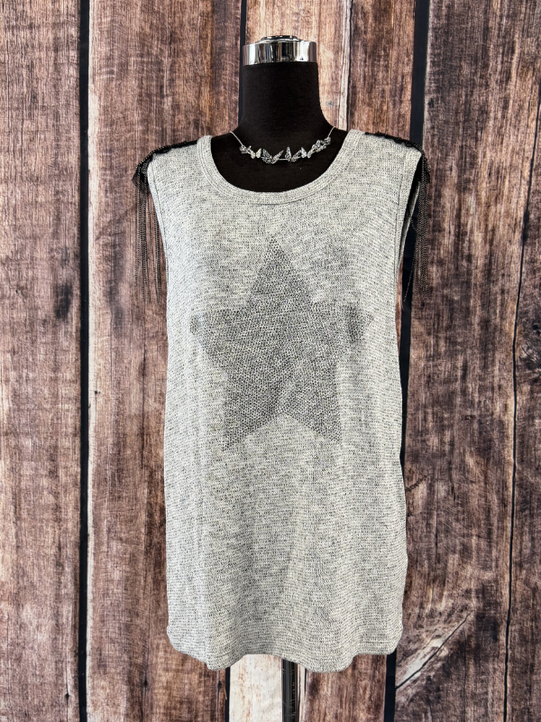 Vocal Sleeveless Top With Star Beads Fringe Grey