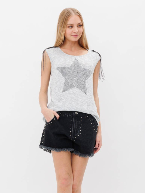 Vocal Sleeveless Top With Star Beads Fringe Grey