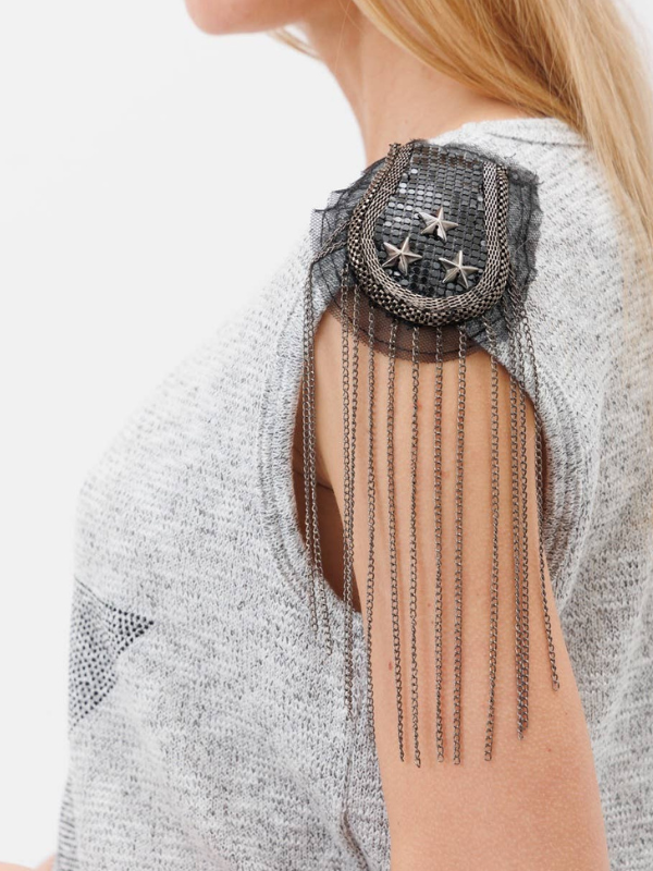 Vocal Sleeveless Top With Star Beads Fringe Grey