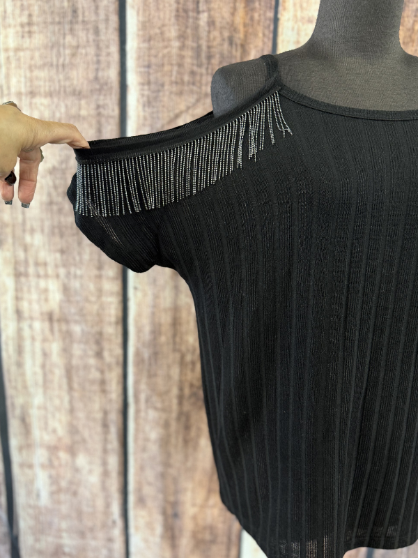 Vocal Open Shoulder Short Sleeve Top with Fringe