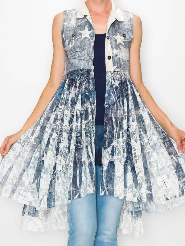 Origami Faux Suede Cropped Vest With Long Lace Sleeve Stars