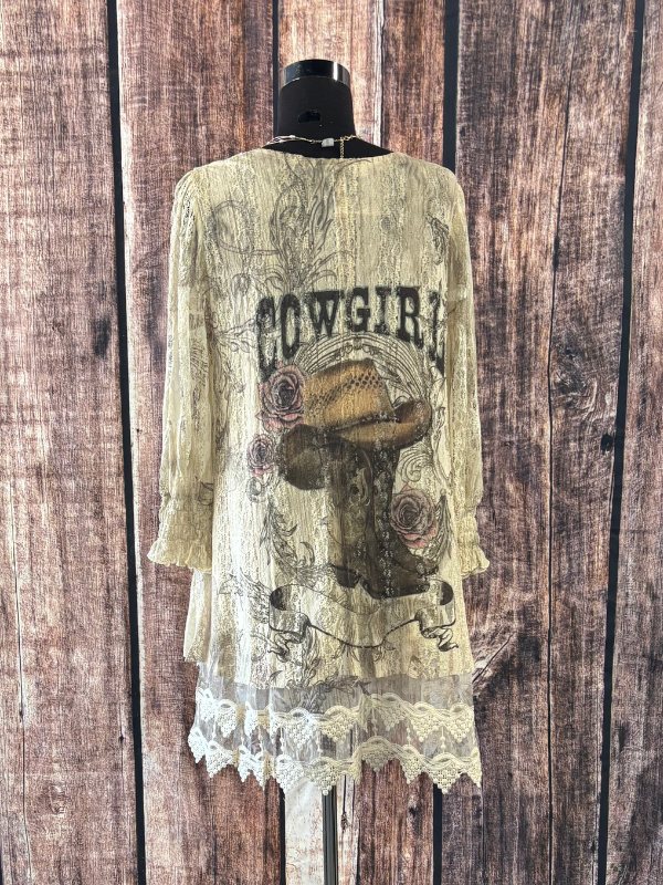 Origami Graceful Long Sleeve Lace Tunic Top With Embroidery Hem
