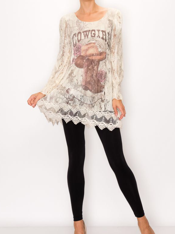 Origami Graceful Long Sleeve Lace Tunic Top With Embroidery Hem