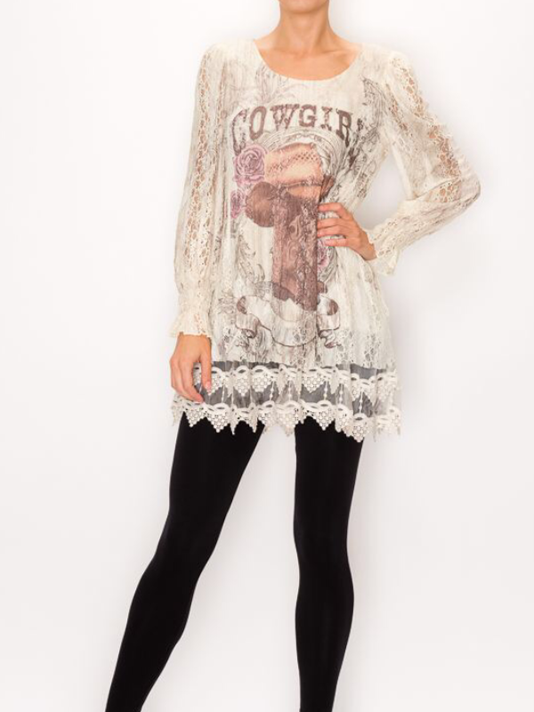 Origami Graceful Long Sleeve Lace Tunic Top With Embroidery Hem