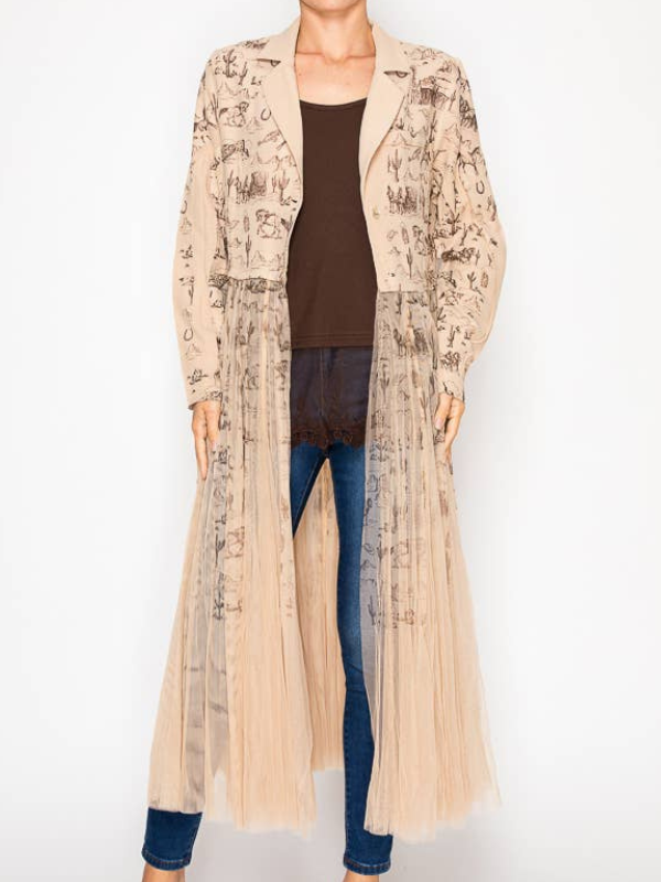 Origami Chic Contrast Longline Blazer Jacket With Mesh Tulle Panel