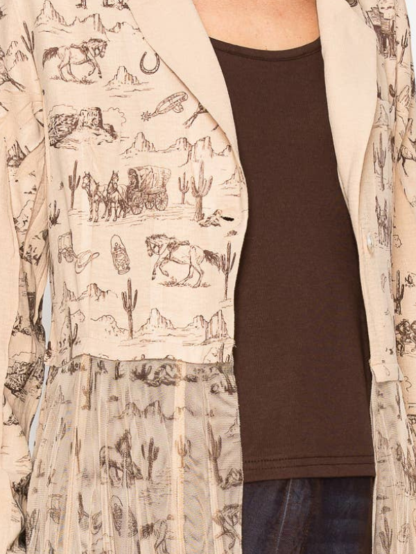 Origami Chic Contrast Longline Blazer Jacket With Mesh Tulle Panel