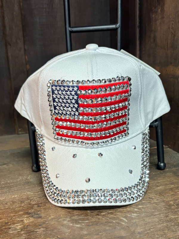 White Rhinestone American Flag Denim Baseball Cap
