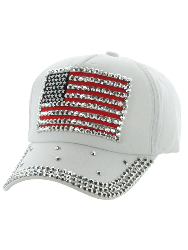 White Rhinestone American Flag Denim Baseball Cap