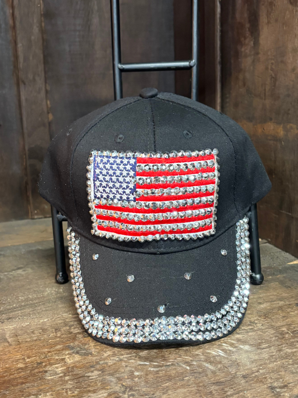 Black Rhinestone American Flag Denim Baseball Cap