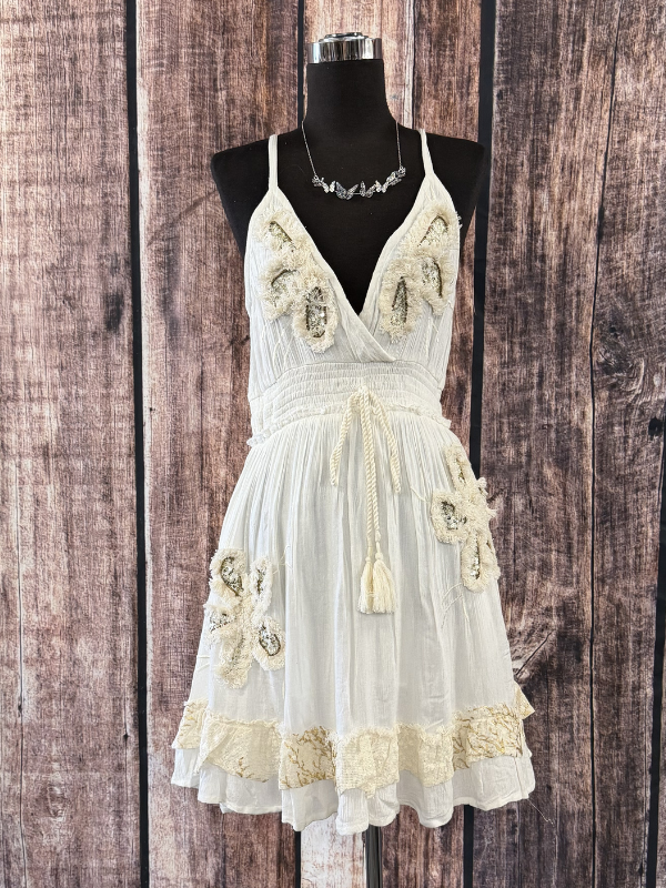 V-neck Smocked Waist Ruffle Tassel Sleeveless Short Dress