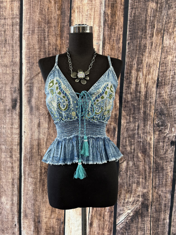 V-Neck Embroidery Smocked Waist Denim Sleeveless Top