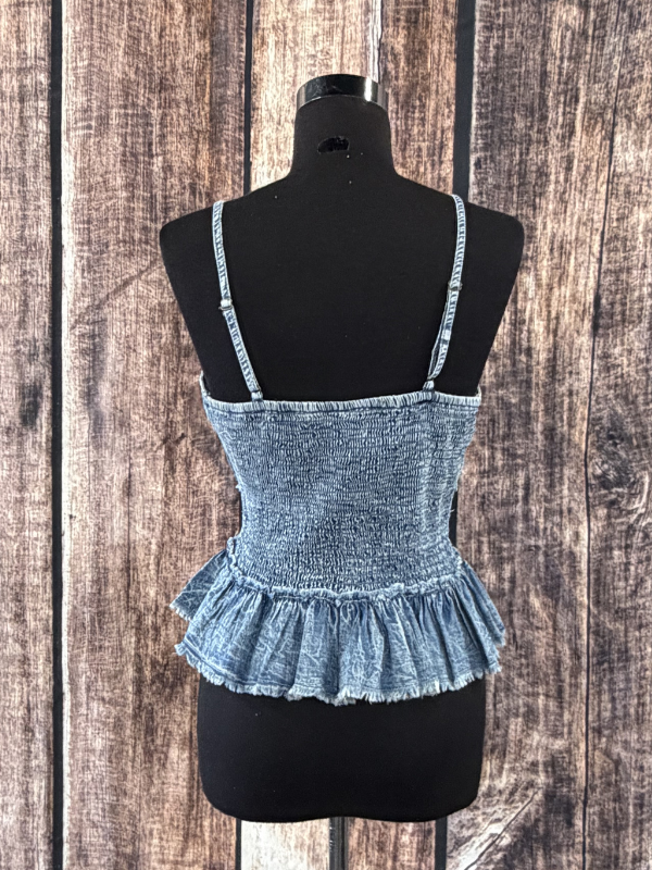 V-Neck Embroidery Smocked Waist Denim Sleeveless Top