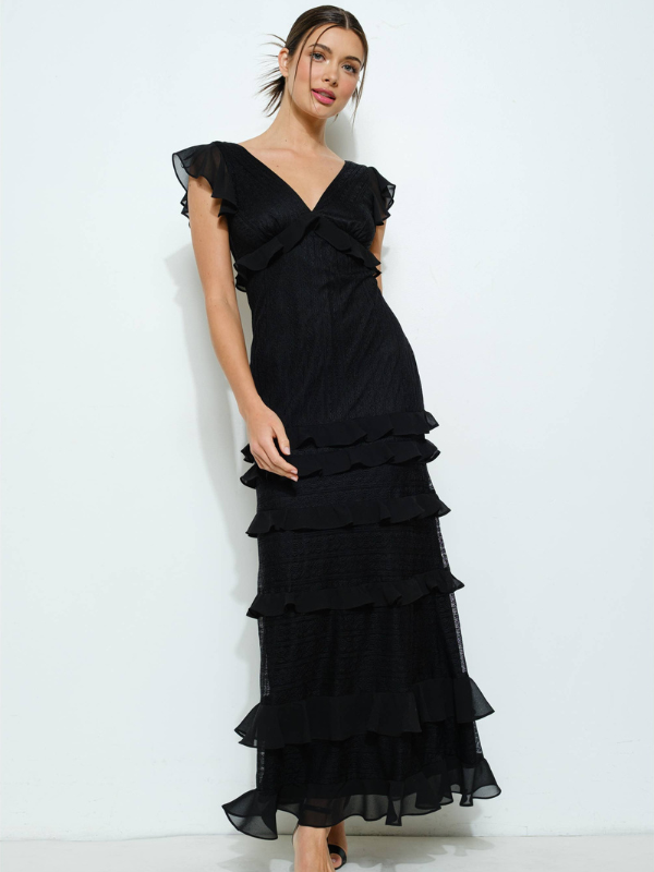 Ruffled V-Neck Cap Sleeve Tiered Maxi Dress Black S Ruffled V-Neck Cap Sleeve Tiered Maxi Dress Black S