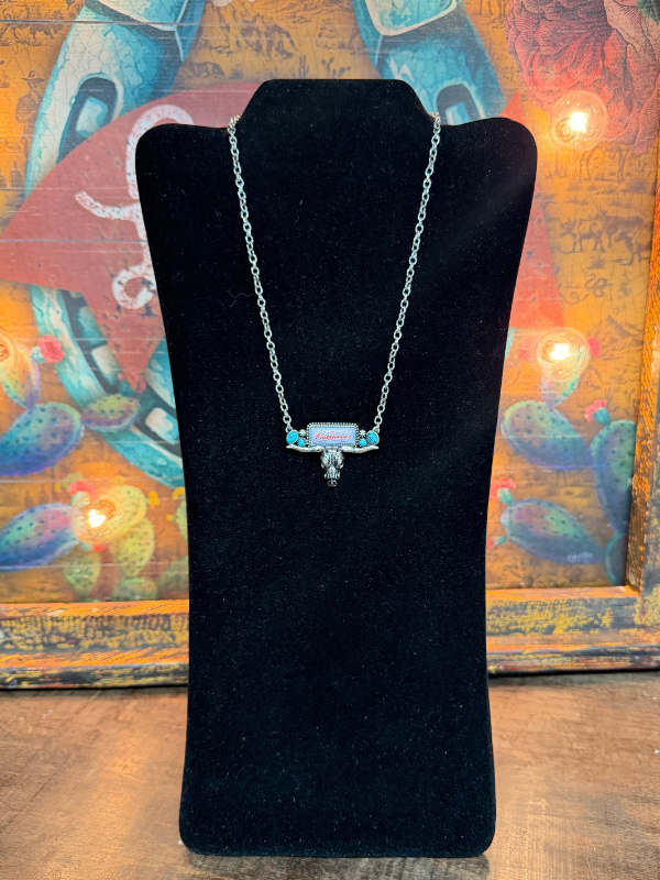 Enamel "Babeweiser" Longhorn Skull Charm Necklace