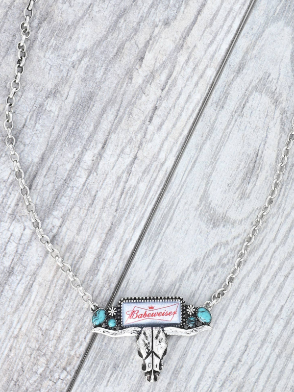 Enamel "Babeweiser" Longhorn Skull Charm Necklace