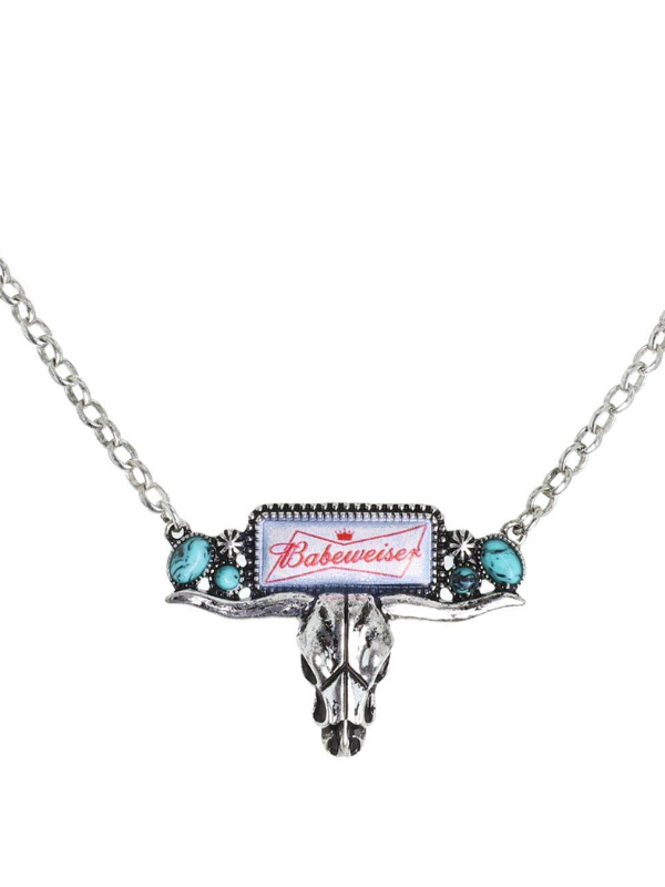 Enamel "Babeweiser" Longhorn Skull Charm Necklace