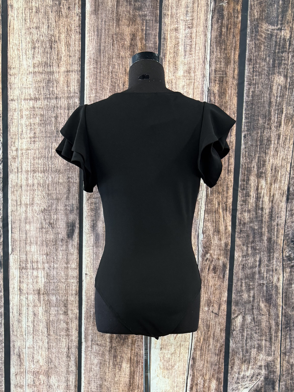 Solid Round Neck Ruffled Bodysuit Black