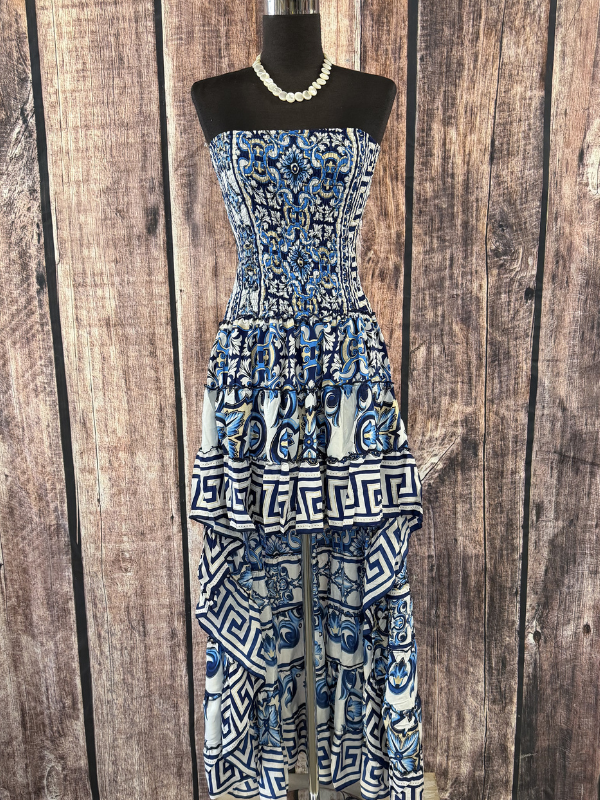 Blue Geometric Stretch High Low Dress