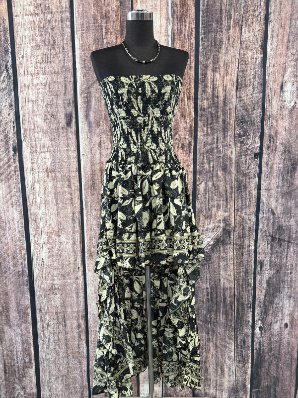 Black Flowered Geometric Stretch High Low Dress