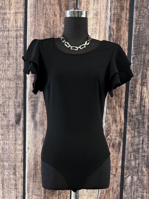 Solid Round Neck Ruffled Bodysuit Black