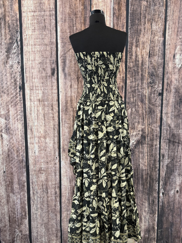 Black Flowered Geometric Stretch High Low Dress