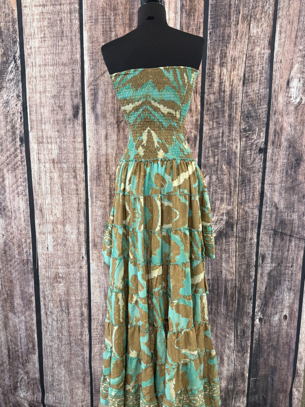 Turquoise & Brown Geometric Stretch High Low Dress