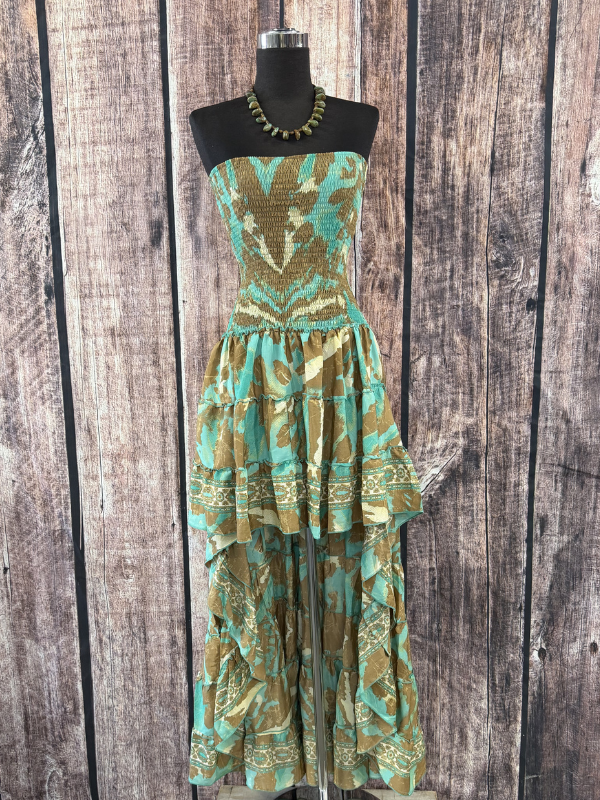 Turquoise & Brown Geometric Stretch High Low Dress