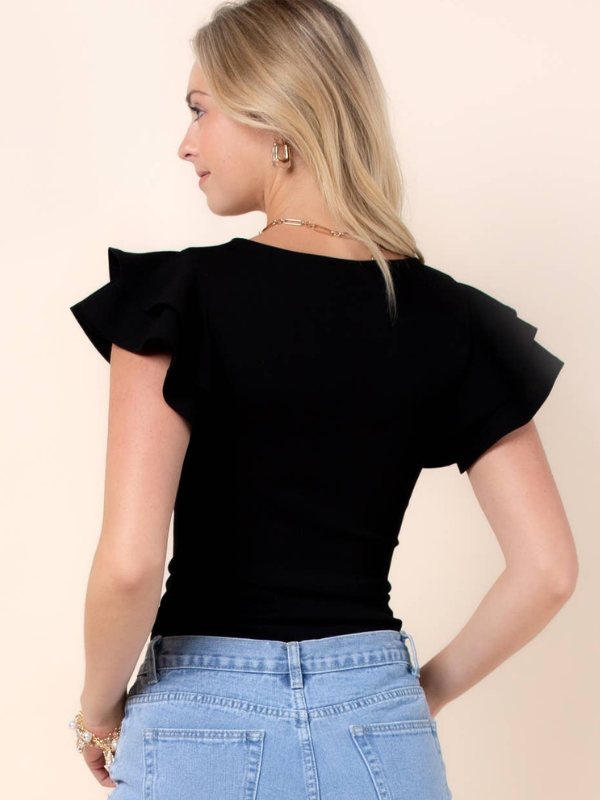 Solid Round Neck Ruffled Bodysuit Black
