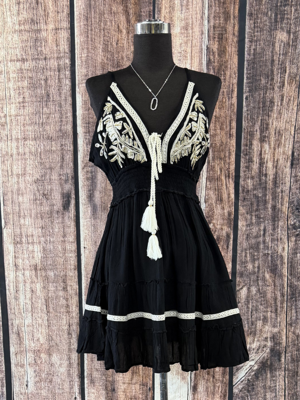 Vintage Denim Embroidered Smocked Ruffle Boho Dress Black