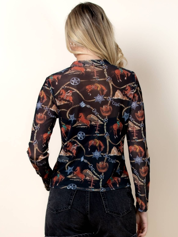 Western Horse Bridle Print Long Sleeves Top