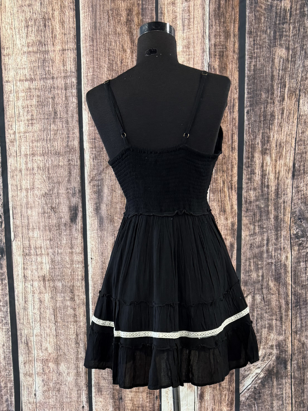 Vintage Denim Embroidered Smocked Ruffle Boho Dress Black