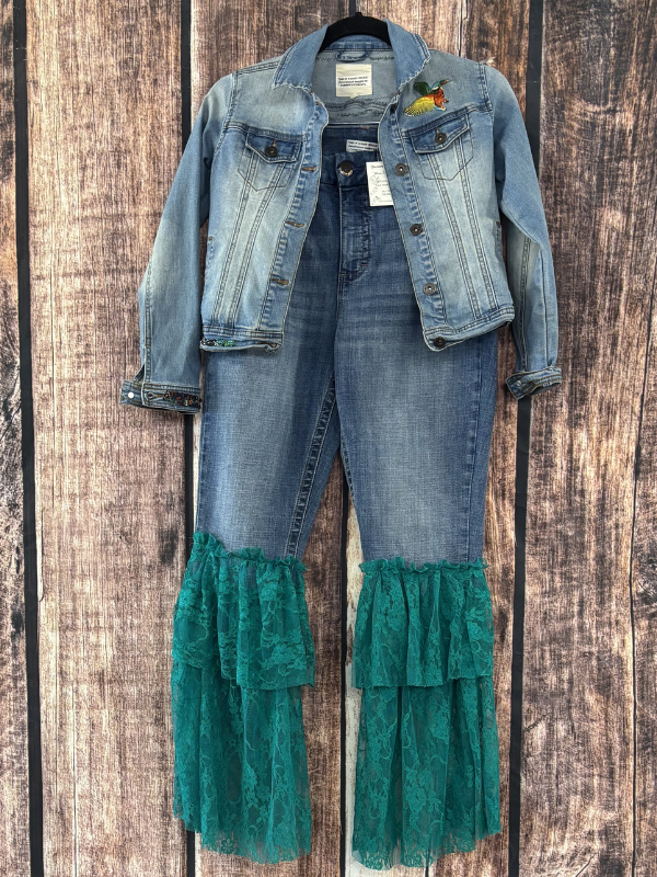 Patchwork Jean Jacket and Ruffle Pant Set by Marti Rae #254