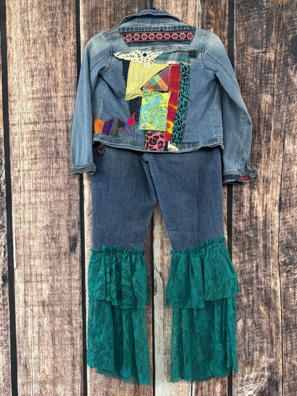 Patchwork Jean Jacket and Ruffle Pant Set by Marti Rae #254